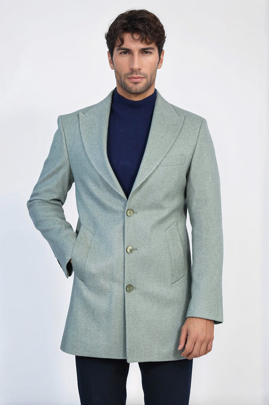 Olive Green Slim Fit Wide Peak Lapel Wool Blend Coat – Wessi