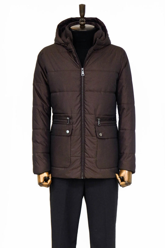 Brown Slim Fit Hooded Quilted Zip Pocket Down Coat | Wessi
