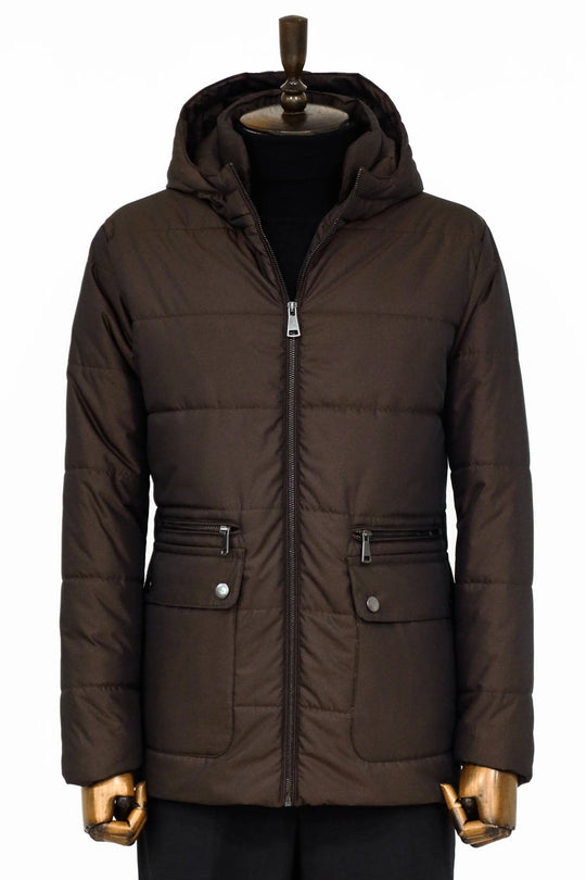 Brown Slim Fit Hooded Quilted Zip Pocket Down Coat | Wessi