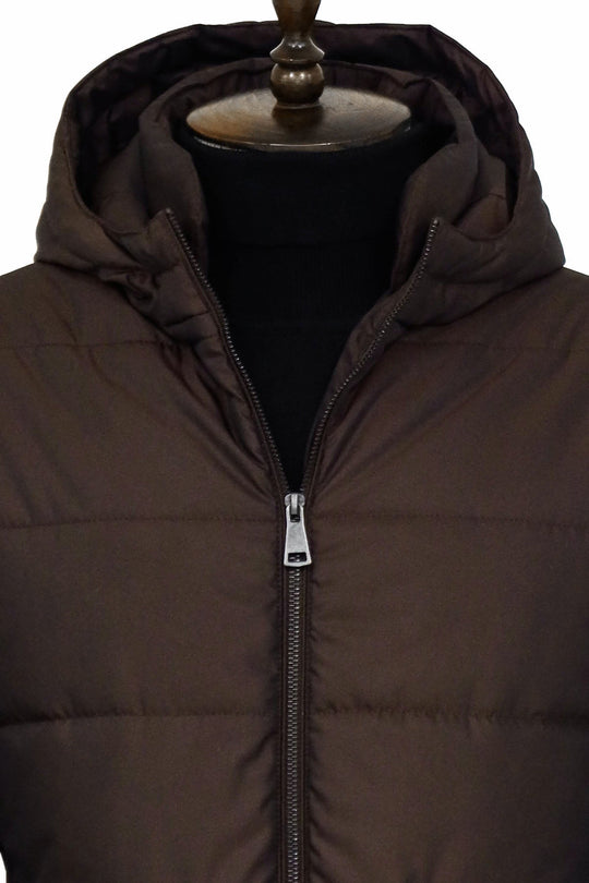 Brown Slim Fit Hooded Quilted Zip Pocket Down Coat | Wessi