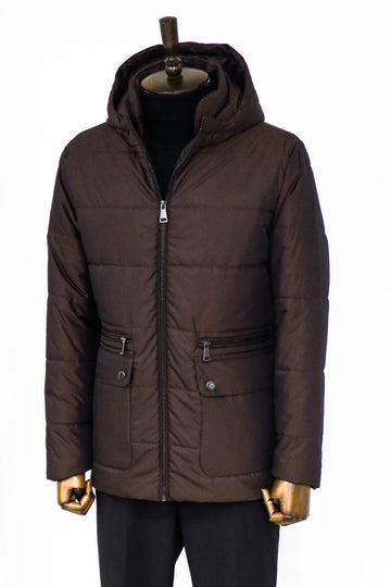 Brown Slim Fit Hooded Quilted Zip Pocket Down Coat | Wessi