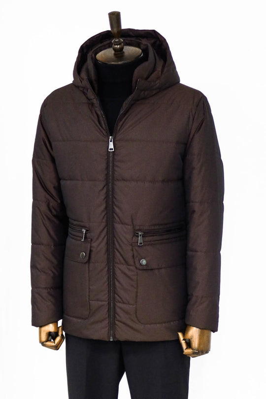 Brown Slim Fit Hooded Quilted Zip Pocket Down Coat | Wessi