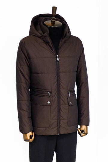Brown Slim Fit Hooded Quilted Zip Pocket Down Coat | Wessi