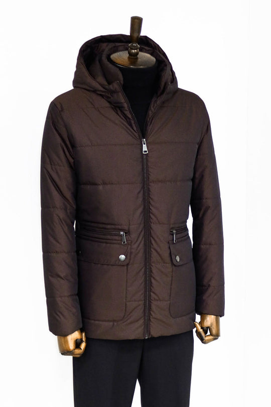 Brown Slim Fit Hooded Quilted Zip Pocket Down Coat | Wessi