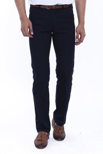 Navy Blue Slim Fit Plain Cotton Trousers – Wessi
