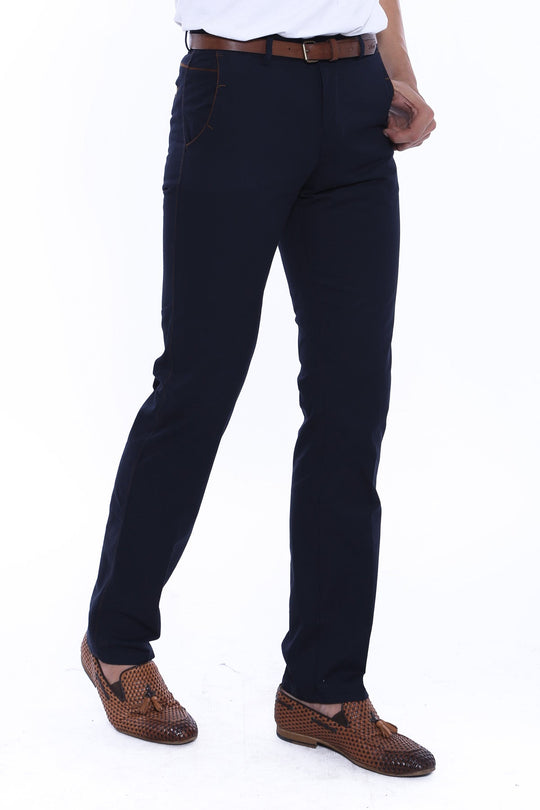 Navy Blue Slim Fit Plain Cotton Trousers – Wessi