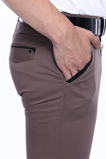 Dark Beige Slim Fit Garment-Stitched Pocket Cotton Trousers – Wessi