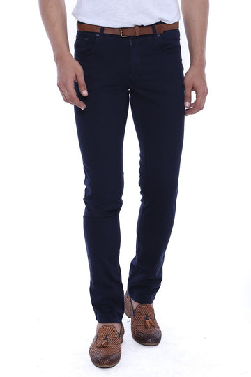 Navy Blue Slim Fit Plain 5-Pocket Trousers – Wessi