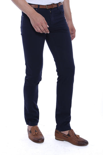 Navy Blue Slim Fit Plain 5-Pocket Trousers – Wessi
