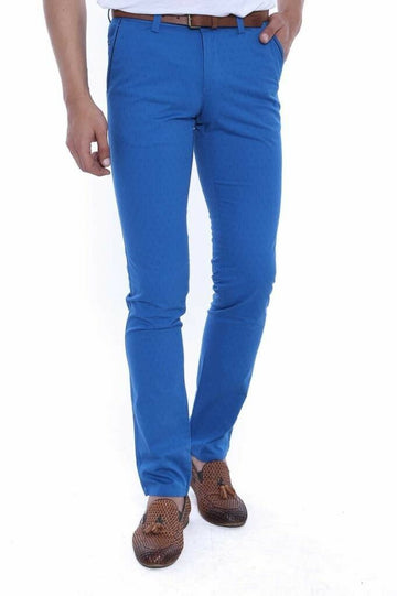 Saxe Blue Slim Fit Patterned Five-Pocket Cotton Trousers – Wessi