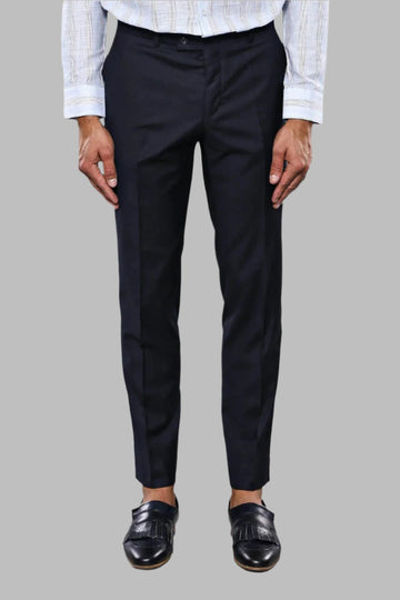 Navy Blue Slim Fit Plain Dress Trousers – Wessi