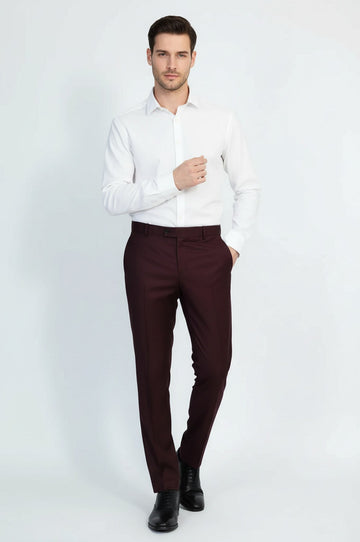 Burgundy Slim Fit Plain Dress Trousers – Wessi