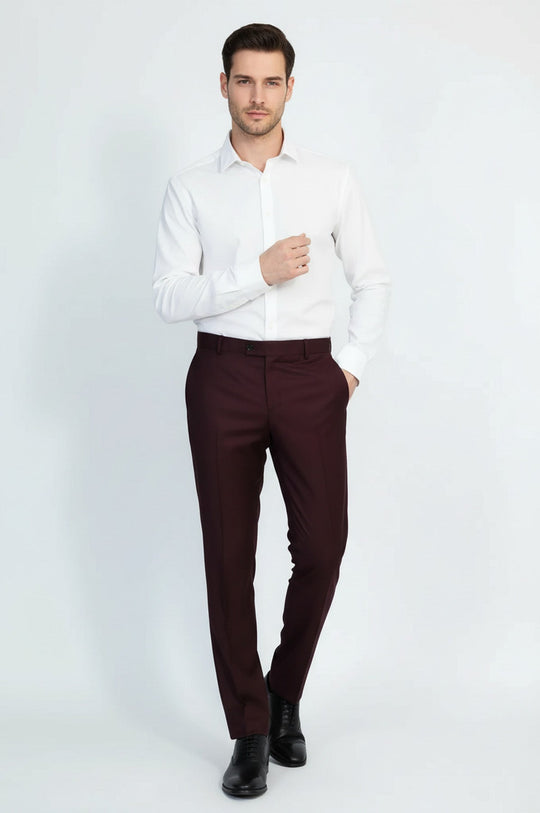 Burgundy Slim Fit Plain Dress Trousers – Wessi