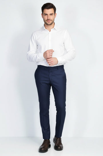 Navy Blue Slim Fit Plain Dress Trousers – Wessi