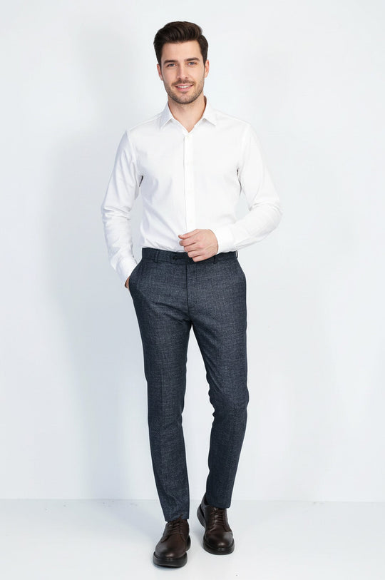 Navy Blue Slim Fit Plain Dress Trousers – Regular Length – Wessi