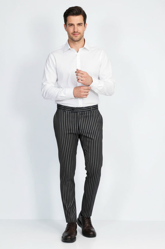 Navy Blue Slim Fit Striped Dress Trousers – Wessi