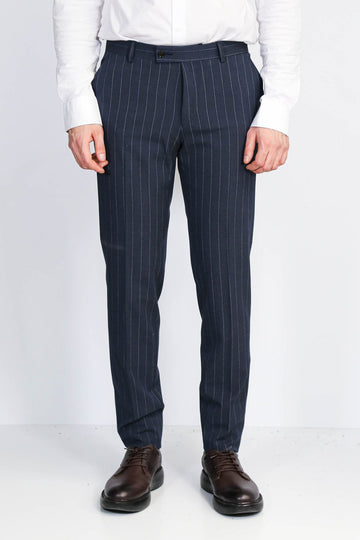 Navy Blue Slim Fit Pinstripe Trousers – Wessi