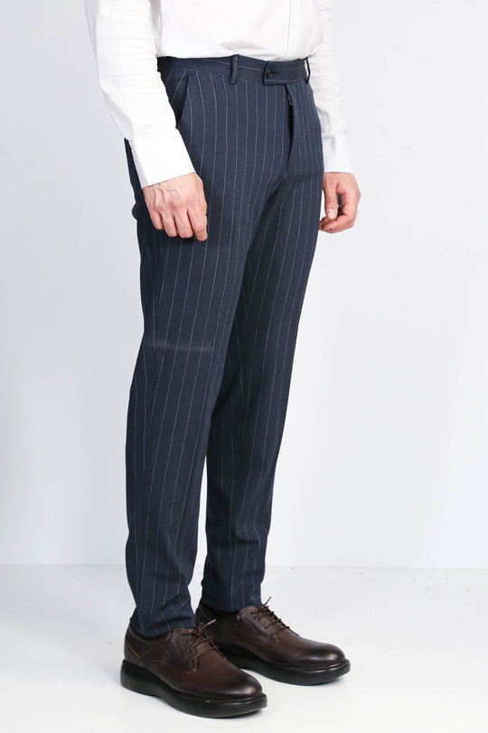 Navy Blue Slim Fit Pinstripe Trousers – Wessi