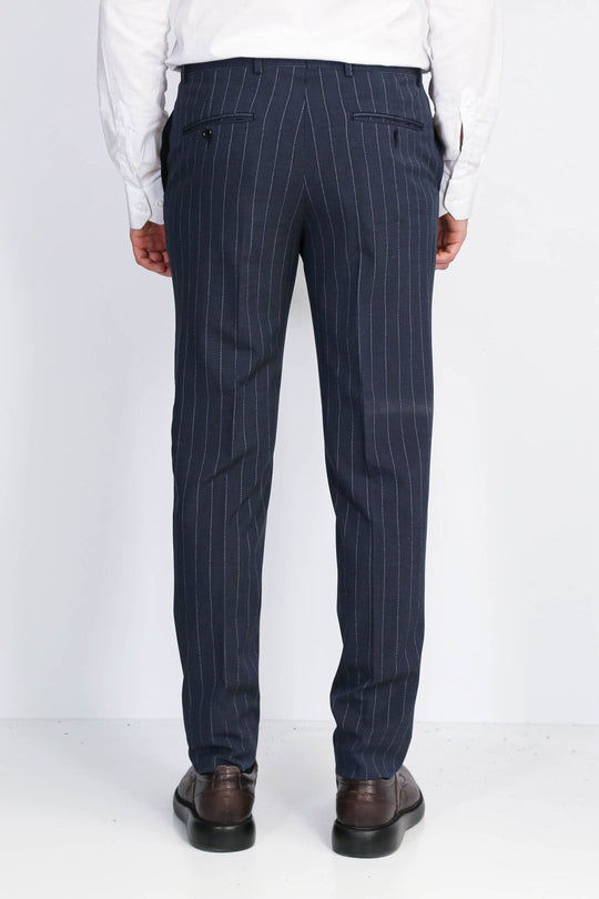 Navy Blue Slim Fit Pinstripe Trousers – Wessi
