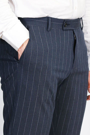 Navy Blue Slim Fit Pinstripe Trousers – Wessi