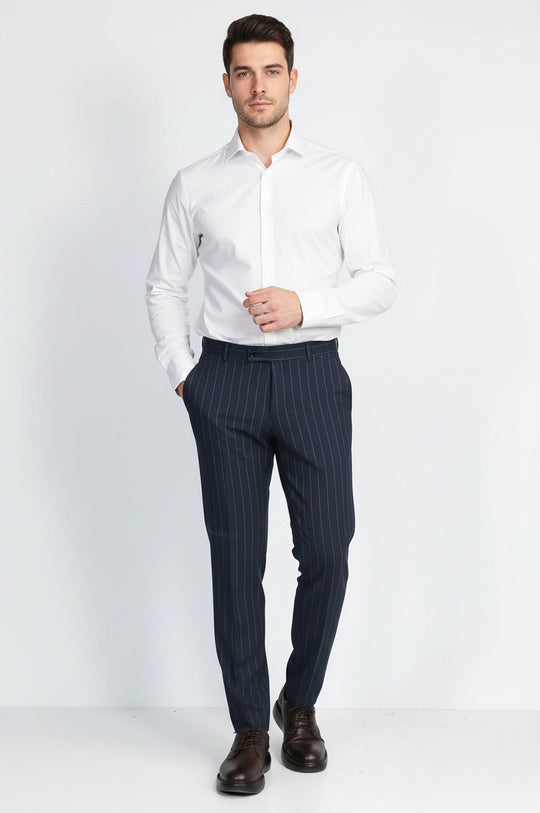 Navy Blue Slim Fit Pinstripe Trousers – Wessi
