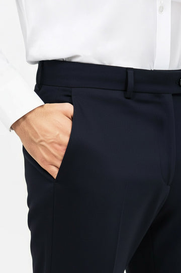 Navy Blue Slim Fit Plain Dress Trousers – Wessi
