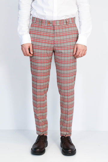 Grey Slim Fit Red Check Trousers – Wessi
