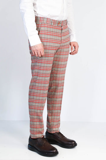 Grey Slim Fit Red Check Trousers – Wessi