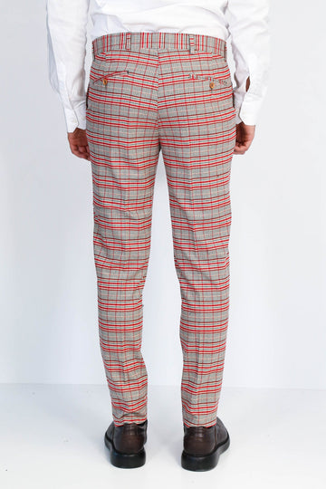 Grey Slim Fit Red Check Trousers – Wessi