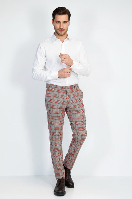 Grey Slim Fit Red Check Trousers – Wessi