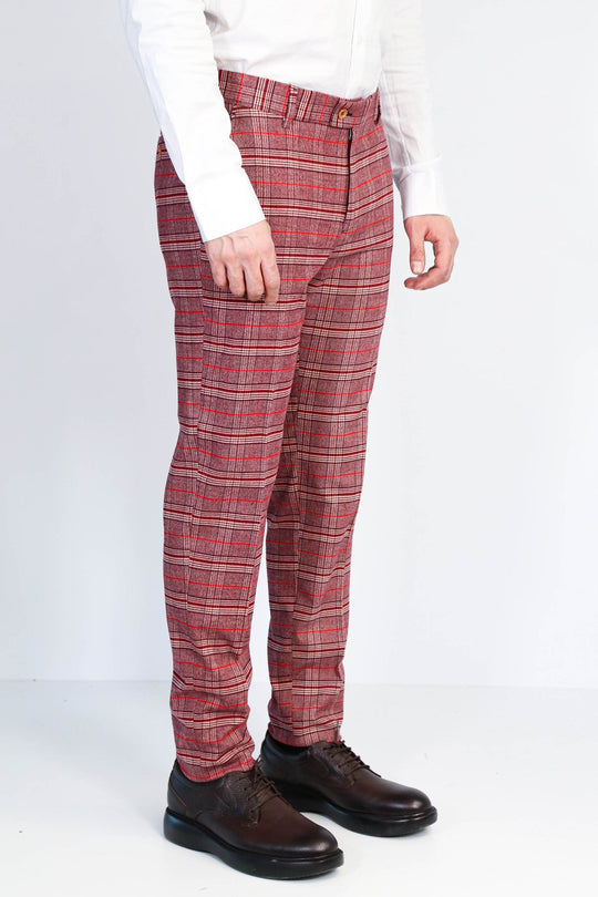 Burgundy Slim Fit Checked Trousers – Wessi