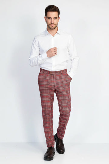 Burgundy Slim Fit Checked Trousers – Wessi