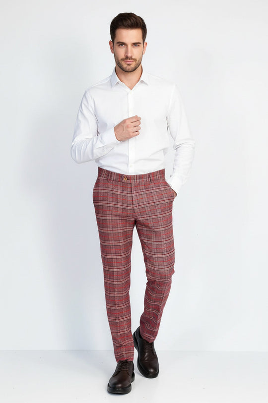 Burgundy Slim Fit Checked Trousers – Wessi