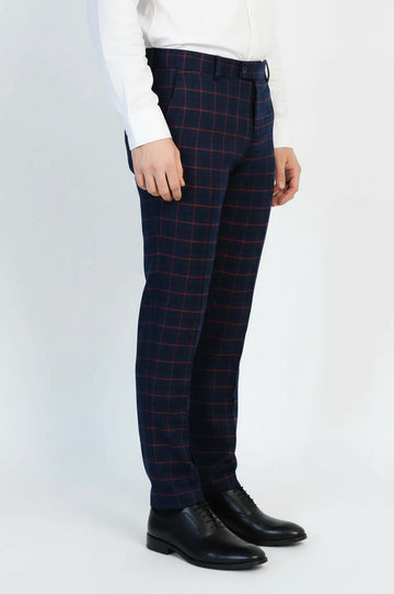 Navy Blue Slim Fit Checked Trousers – Wessi