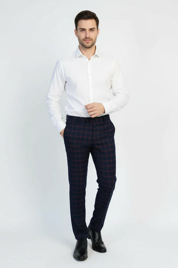 Navy Blue Slim Fit Checked Trousers – Wessi