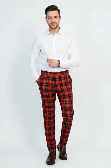 Burgundy Slim Fit Checked Trousers – Wessi