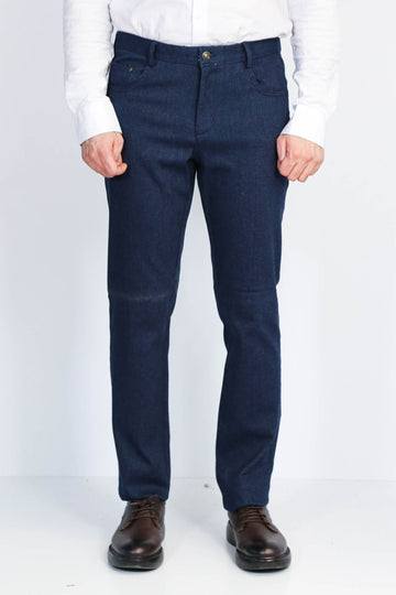 Navy Blue Slim Fit Patterned Cotton Trousers – Wessi