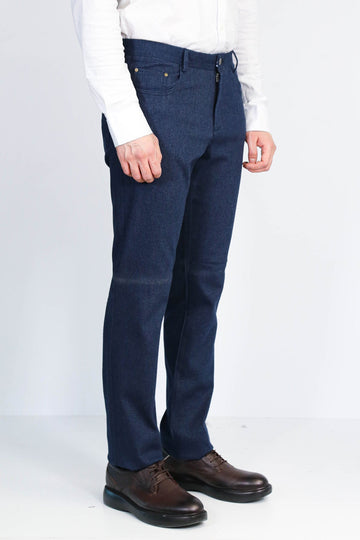 Navy Blue Slim Fit Patterned Cotton Trousers – Wessi