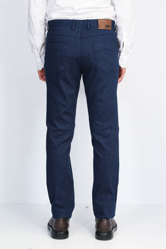 Navy Blue Slim Fit Patterned Cotton Trousers – Wessi