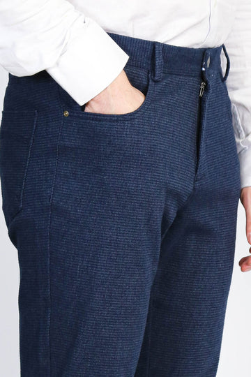 Navy Blue Slim Fit Patterned Cotton Trousers – Wessi