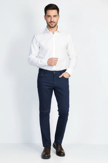 Navy Blue Slim Fit Patterned Cotton Trousers – Wessi