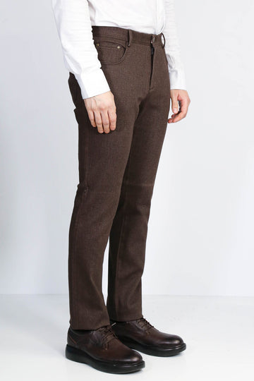 Brown Slim Fit Patterned Cotton Trousers – Wessi