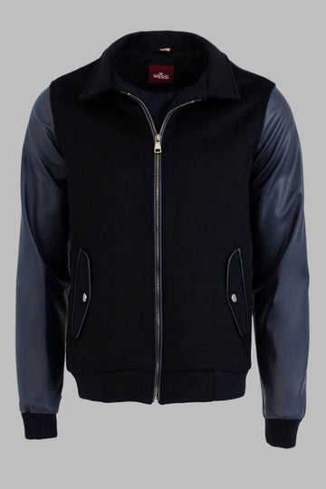 Navy Blue Slim Fit Leather Sleeve Cachet Coat – Wessi