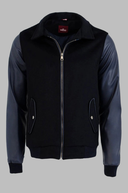 Navy Blue Slim Fit Leather Sleeve Cachet Coat – Wessi