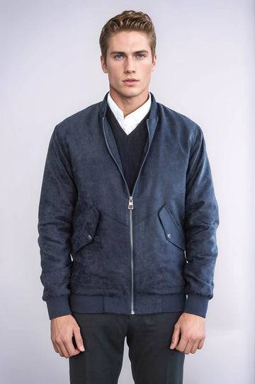 Dark Blue Suede Slim Fit Bomber Jacket – Wessi