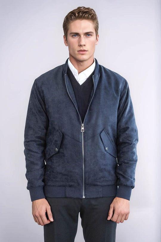 Dark Blue Suede Slim Fit Bomber Jacket – Wessi