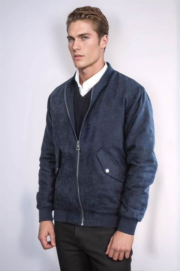Dark Blue Suede Slim Fit Bomber Jacket – Wessi