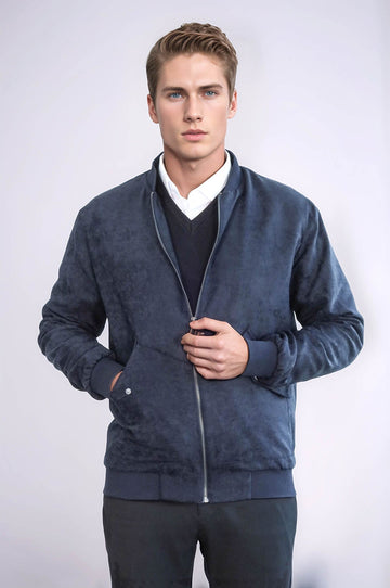 Dark Blue Suede Slim Fit Bomber Jacket – Wessi
