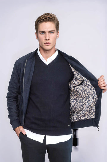 Dark Blue Suede Slim Fit Bomber Jacket – Wessi