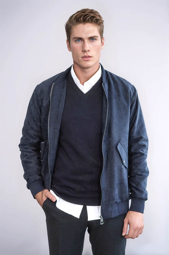 Dark Blue Suede Slim Fit Bomber Jacket – Wessi